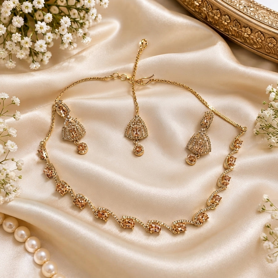 Royal Peach Stone Embellished Bridal Jewelry Set