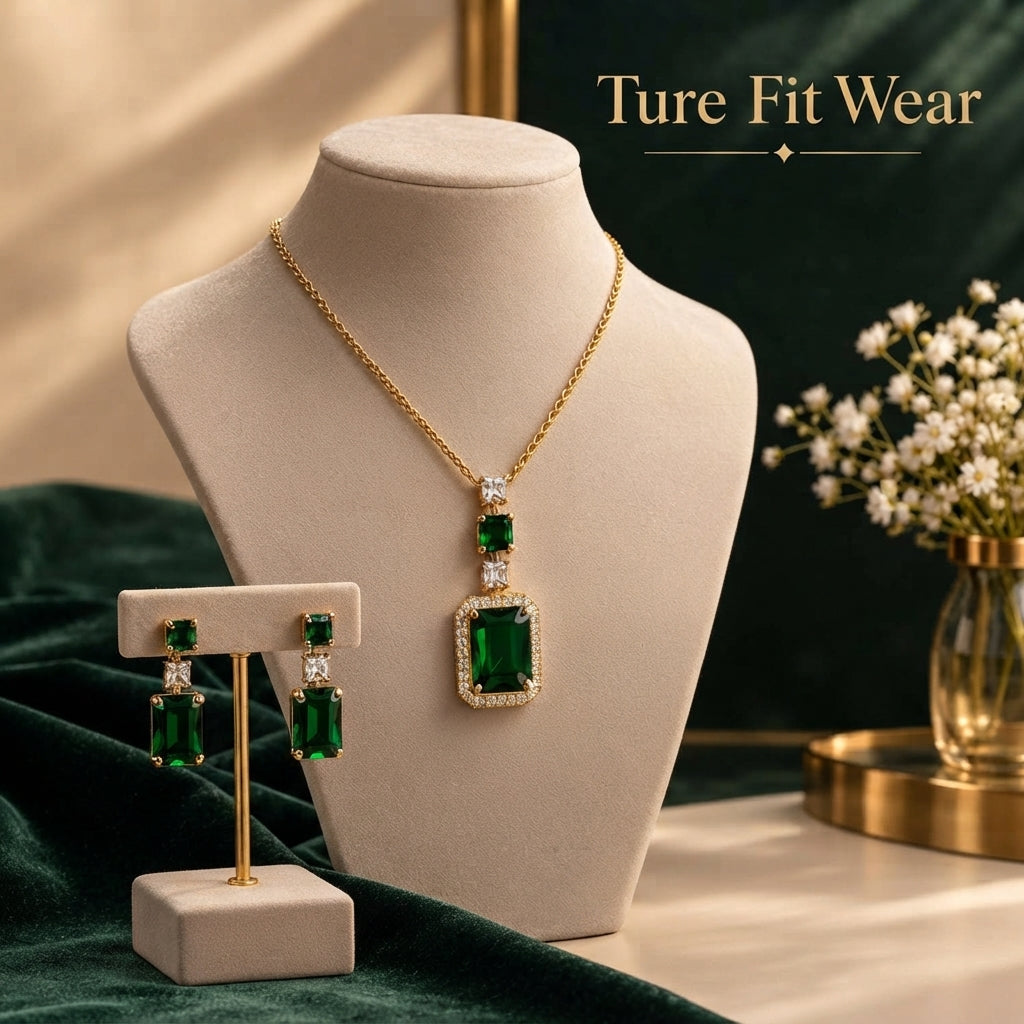 True Fit Wear Royal Emerald Stone Necklace & Earring Set
