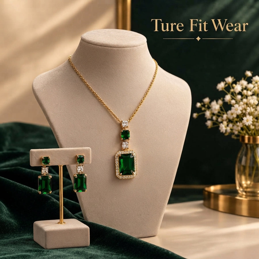 True Fit Wear Royal Emerald Stone Necklace & Earring Set