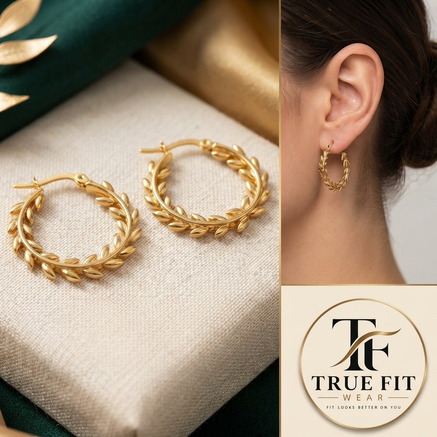 Golden Olive Leaf Hoop Earrings