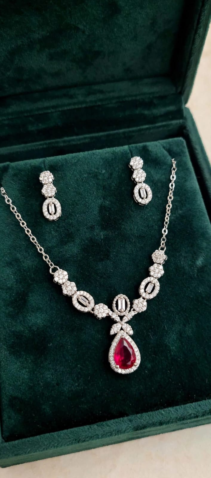 3pc Mehroon Locket Set with White Stones