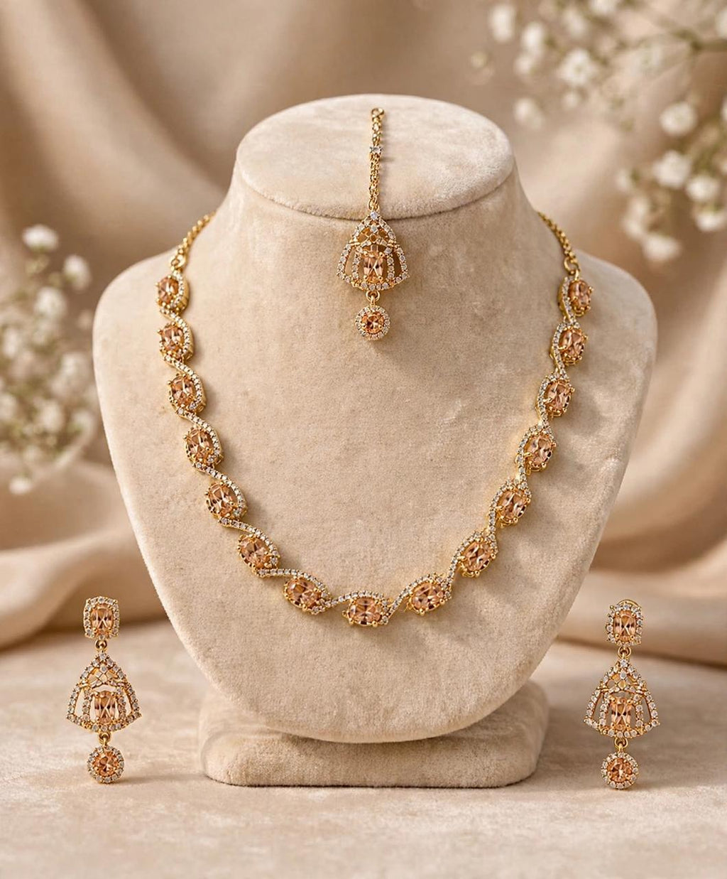 4pc American Diamond Necklace Set Party Wear Golden