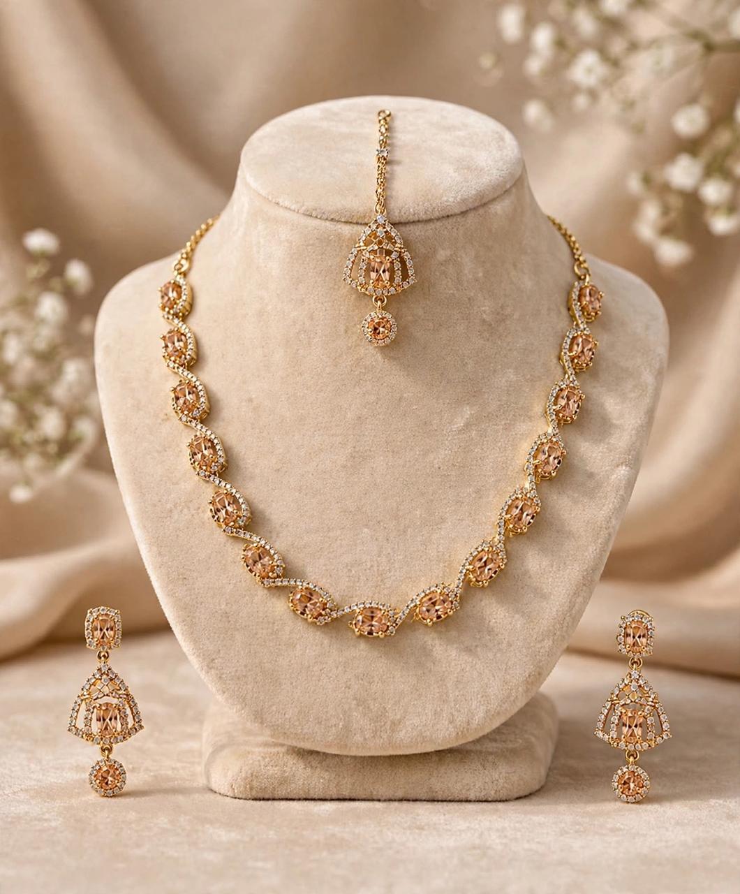 4pc American Diamond Necklace Set Party Wear Golden