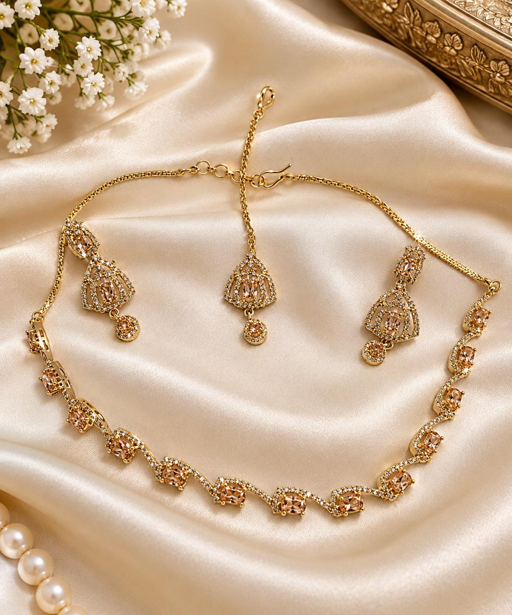 4pc American Diamond Necklace Set Party Wear Golden