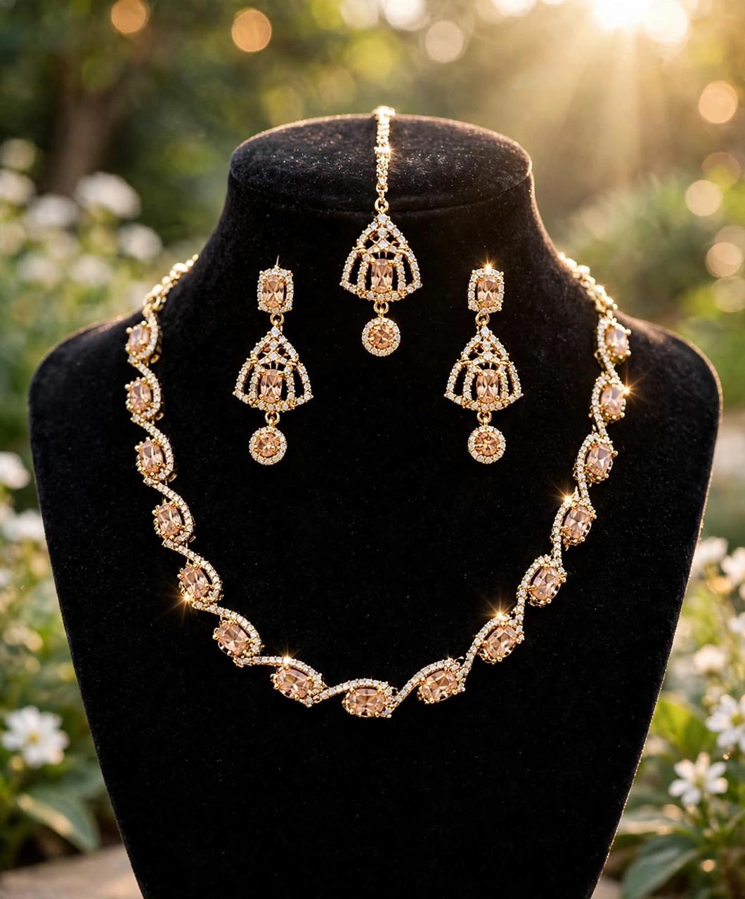 4pc American Diamond Necklace Set Party Wear Golden