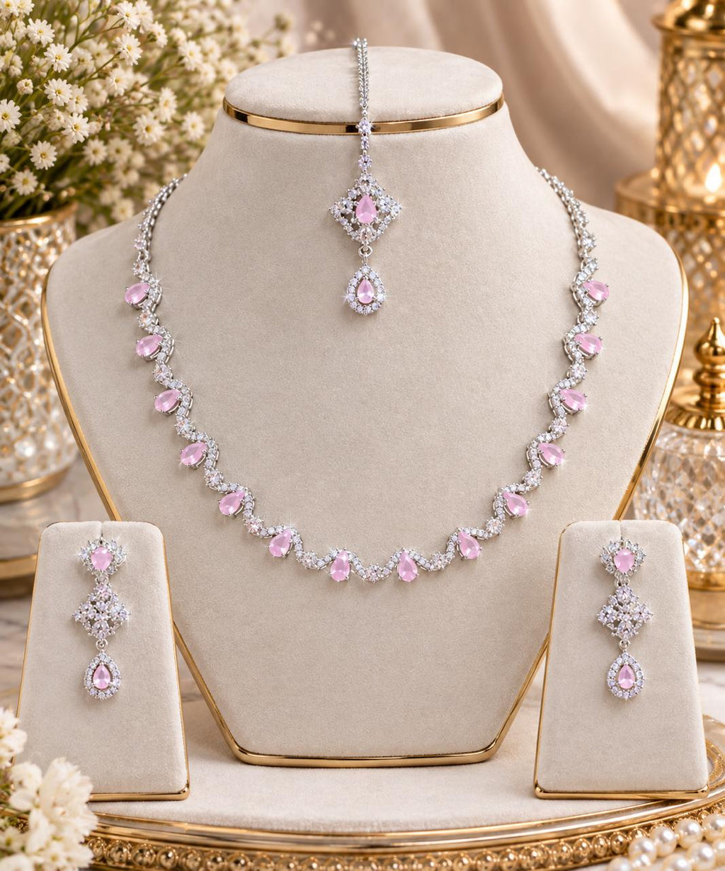 4pc American Diamond Necklace Set Party Wear Light Pink