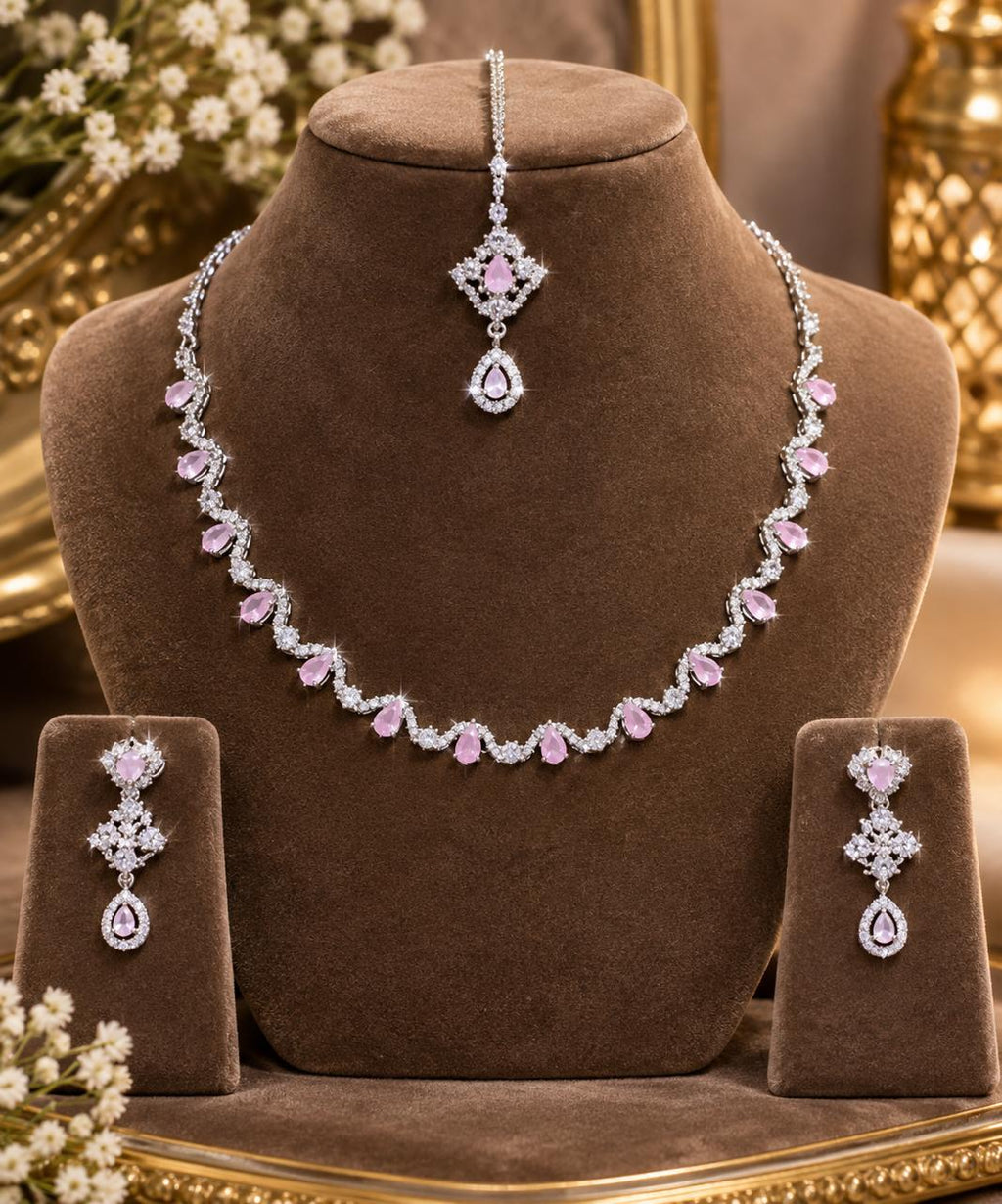 4pc American Diamond Necklace Set Party Wear Light Pink