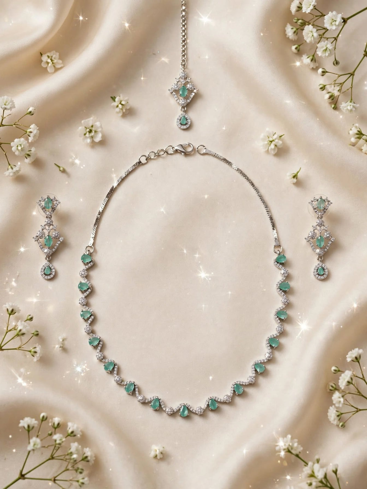 4pc American Diamond Necklace Set Party Wear Sea Green