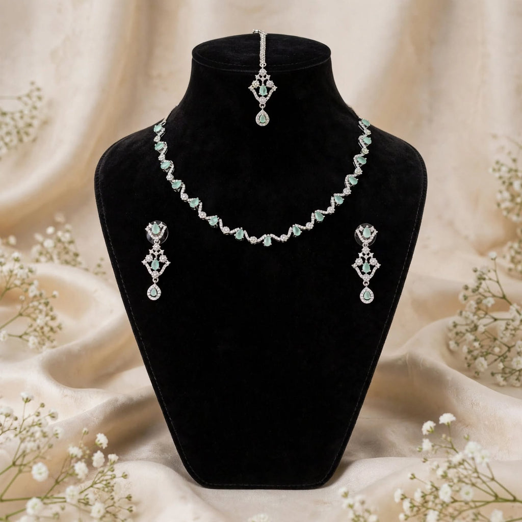 4pc American Diamond Necklace Set Party Wear Sea Green
