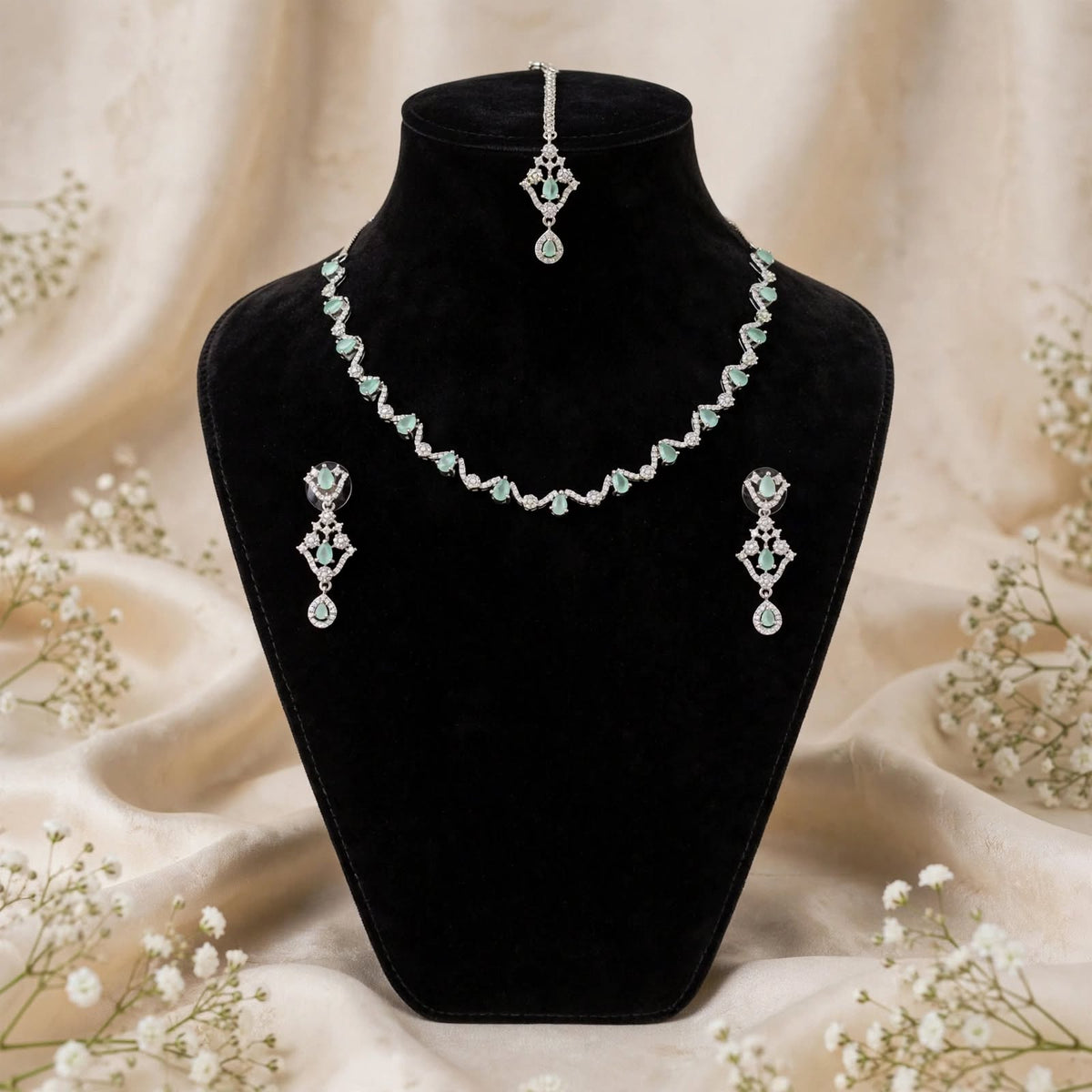 4pc American Diamond Necklace Set Party Wear Sea Green